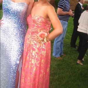 Gold and pink strapless prom/ formal dress
